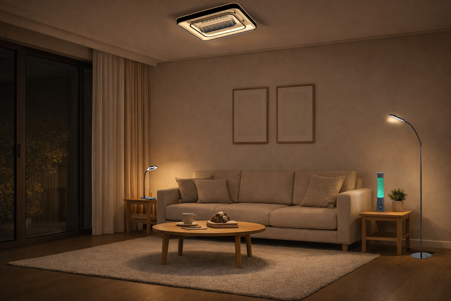 Moderní obývací pokoj s vestavěným stropním světlem s ventilátorem, LED stojacími a stolními lampami a RGB dekorativním osvětlením v technologicky inspirované atmosféře.