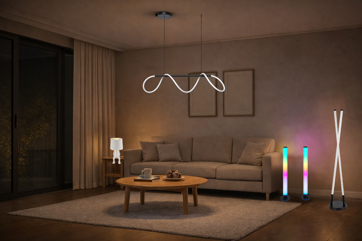 Bohémský obývací pokoj s vlnitým LED stropním světlem, hravou stolní lampou a barevným dekorativním RGB osvětlením.