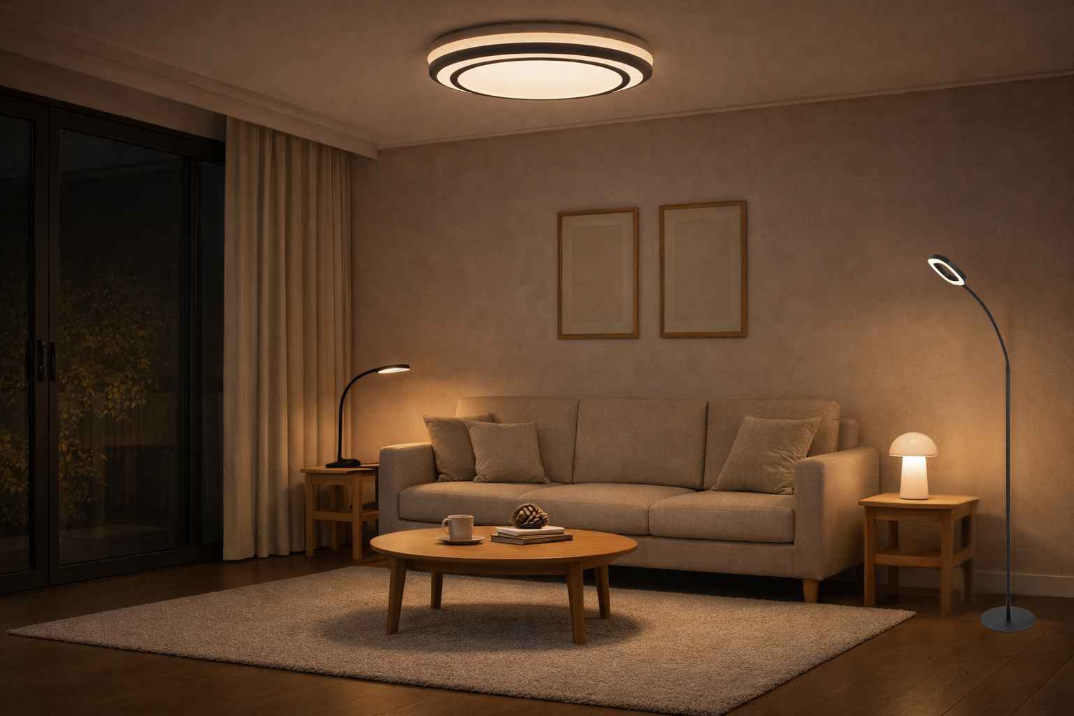 Minimalistický obývací pokoj s LED stropním svítidlem se stmívačem, černými kovovými stojacími a stolními lampami a nábytkem v neutrálních tónech.